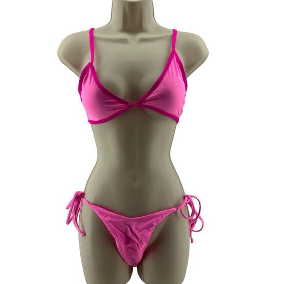 Two Tone Bright Pink String Bikini Set Womens Small  Matching - Picture 1 of 6